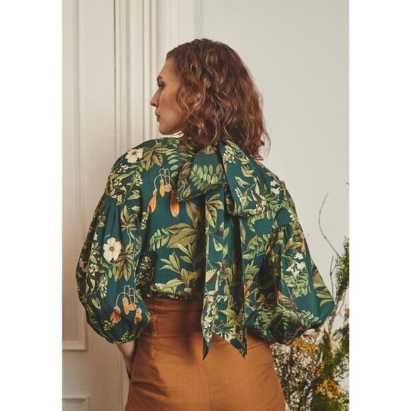 Cara Cara Diane Blouse / Medium / Botanical Birds Emerald Green Bow Balloon - Picture 4 of 14